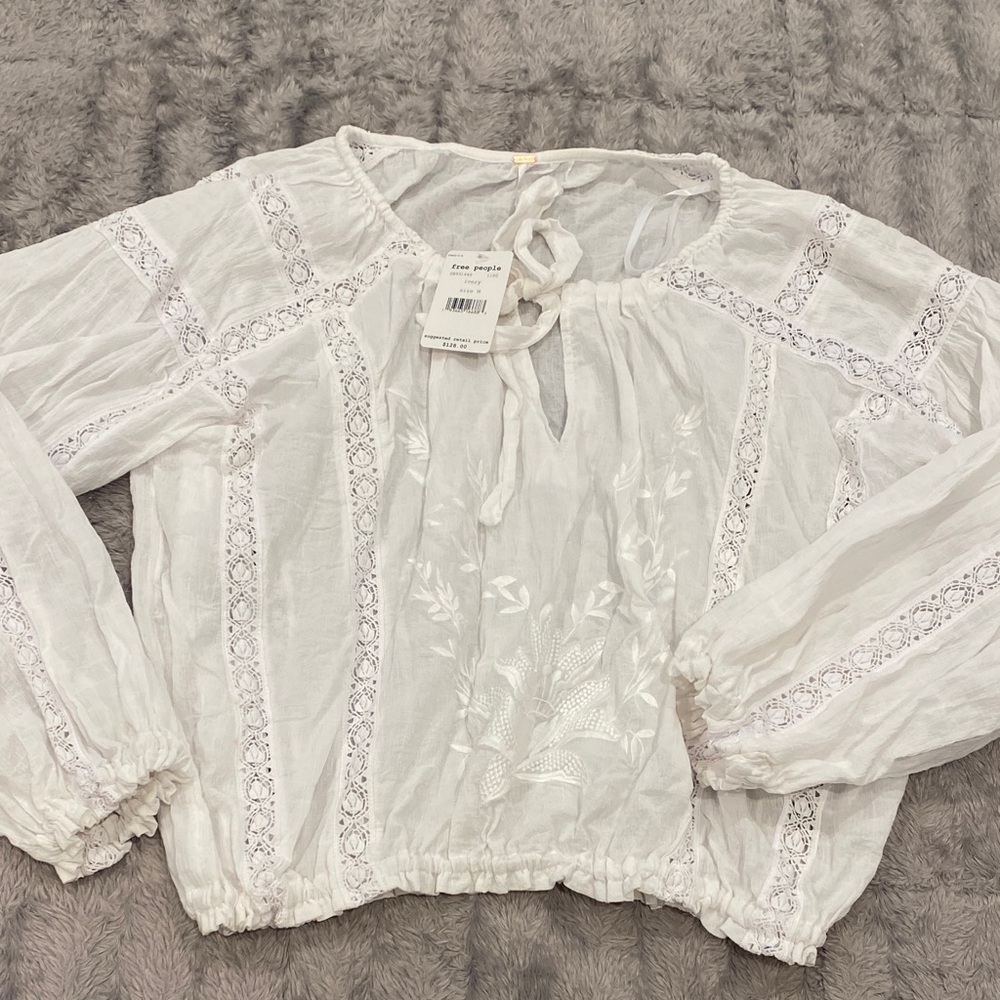 Free People White Embroidered Blouse